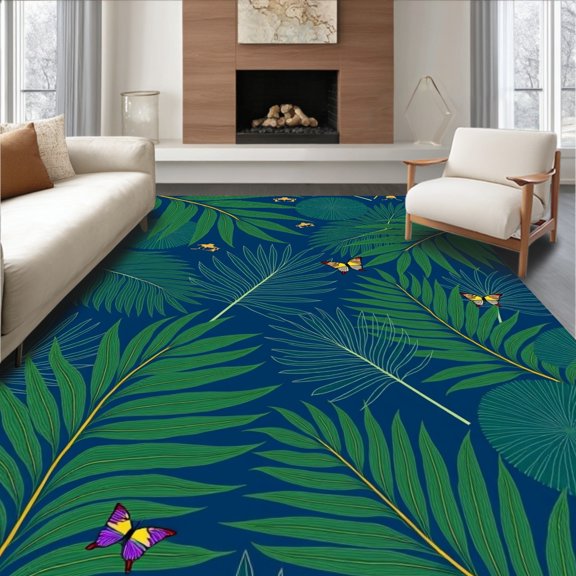 ODIKA 2'x3' Machine Washable Non-Slip Area Rug, Tropical Leaf Canopy with Subtle Animal Design High Traffic Rug, Blue, 552374