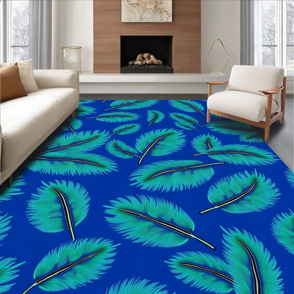 ODIKA 2'x3' Machine Washable Non-Slip Area Rug, Tropical Palm Frond Botanical Leaf Design High Traffic Rug, Blue, 445643