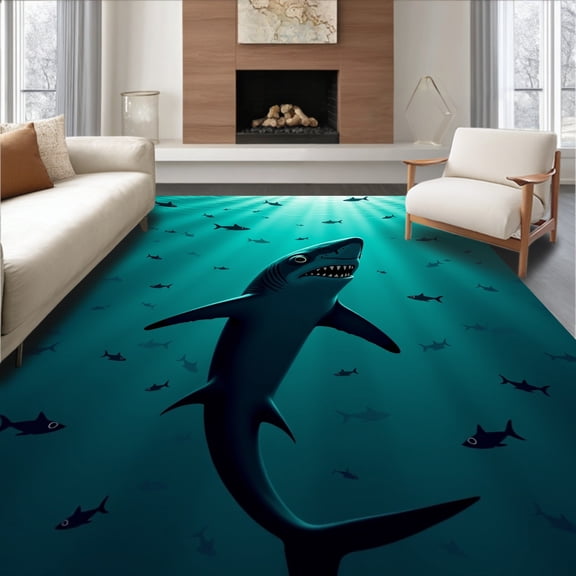 ODIKA 2x3 Machine Washable Non-Slip Area Rug, Tropical Predator Hunting Underwater Seascape Entrance High Traffic Rug, Blue, 712652