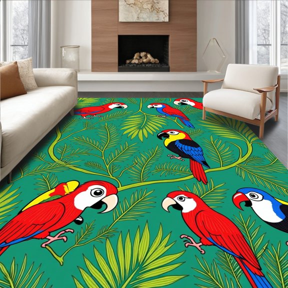 ODIKA 2x3 Machine Washable Non-Slip Area Rug, Tropical Rainforest Creatures Design with Monkeys Parrots Toucans High Traffic Rug, Green, 682255