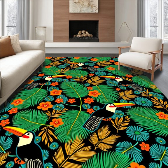 ODIKA 2x3 Machine Washable Non-Slip Area Rug, Tropical Rainforest Creatures Featuring Monkey Parrot Toucan High Traffic Rug with Pad, Black, 681992