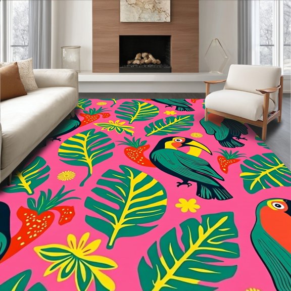 ODIKA 2x3 Machine Washable Non-Slip Area Rug, Tropical Rainforest Creatures Featuring Monkeys Parrots Toucans High Traffic Rug with Pad, Pink, 681960