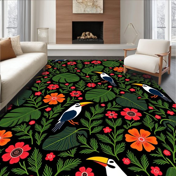 ODIKA 2'x3' Machine Washable Non-Slip Area Rug, Tropical Rainforest Explorer Exotic Wildlife Adventure Theme High Traffic Rug, Black, 723428