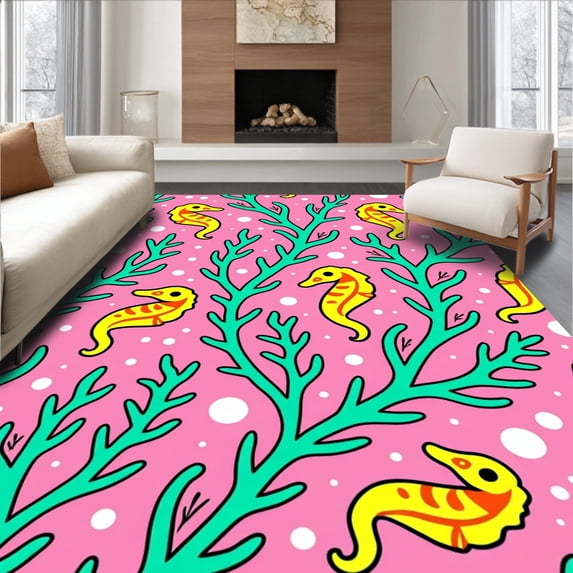 ODIKA 2'x3' Machine Washable Non-Slip Area Rug, Tropical Seahorse Dance with Flowing Kelp Forest Waves Design High Traffic Rug with Pad, Pink, 513616