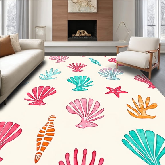 ODIKA 2x3 Machine Washable Non-Slip Area Rug, Tropical Seashell Marine Life Bathroom High Traffic Rug, Pink, 709788