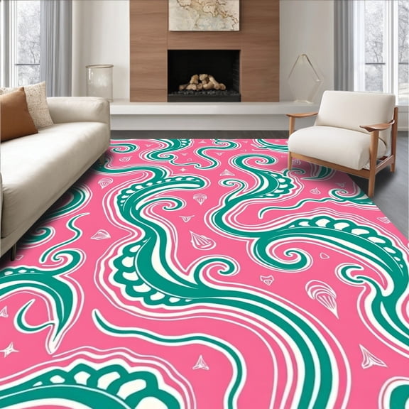 ODIKA 2x3 Machine Washable Non-Slip Area Rug, Tropical Seashell Spiral Wave Bathroom High Traffic Rug, Pink, 706597
