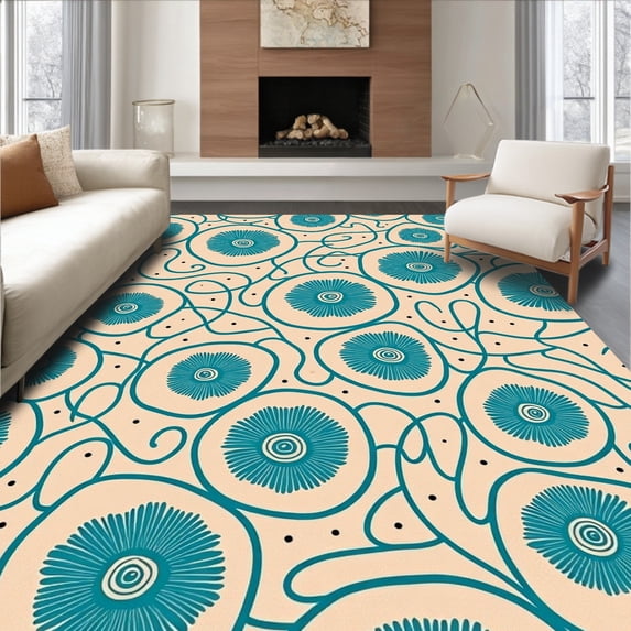 ODIKA 2'x3' Machine Washable Non-Slip Area Rug, Tropical Shell Cluster with Interlocking Seaweed and Details High Traffic Rug with Pad, Beige, 701135