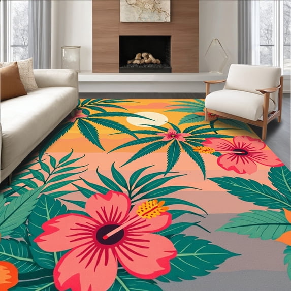ODIKA 2'x3' Machine Washable Non-Slip Area Rug, Tropical Sunset Palm Fronds with Hibiscus Blooms High Traffic Rug with Pad, Orange, 511567