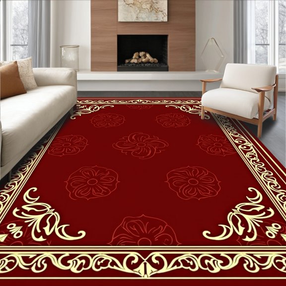 ODIKA 2x3 Machine Washable Non-Slip Area Rug, Velvet Baroque Scroll with Ornate Flourish Motifs High Traffic Rug, Red, 731301