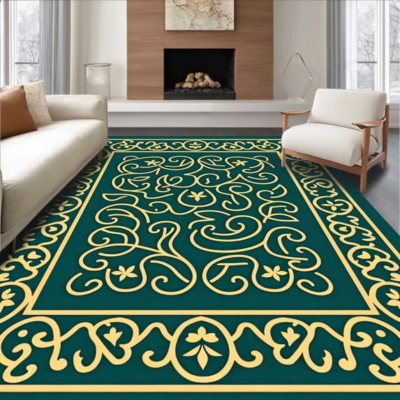 ODIKA 2'x3' Machine Washable Non-Slip Area Rug, Verdant Spiral Motif with Ornate Ivy Accents and Flowing Swirls High Traffic Rug with Pad, Green, 624203