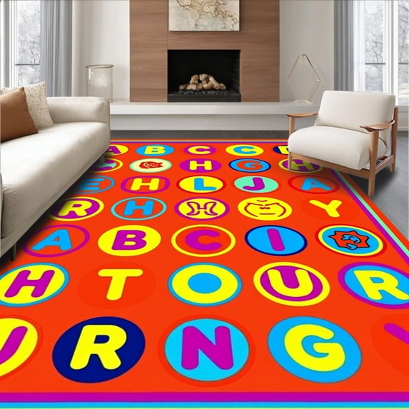 ODIKA 2'x3' Machine Washable Non-Slip Area Rug, Vibrant Alphabet Medallion Featuring Playful Lettering and Colorful Borders High Traffic Rug, Orange, 690660