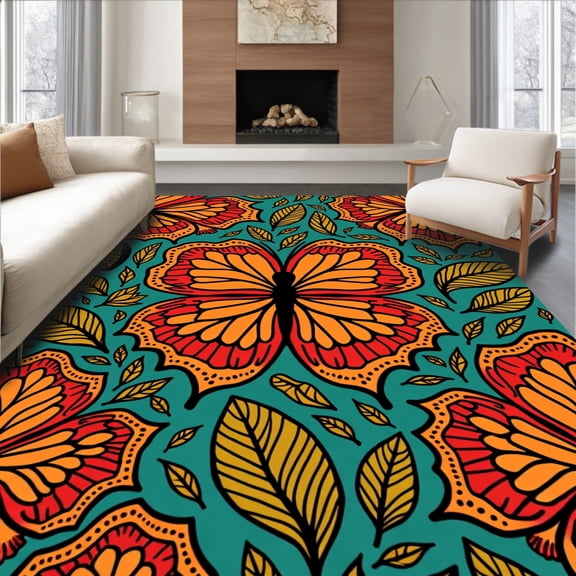 ODIKA 2x3 Machine Washable Non-Slip Area Rug, Vibrant Monarch Migration Decorative Hand Tufted Art High Traffic Rug, Orange, 585444