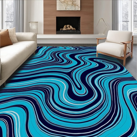 ODIKA 2'x3' Machine Washable Non-Slip Area Rug, Vibrant Ocean Wave Ripple High Traffic Rug, Blue, 540460