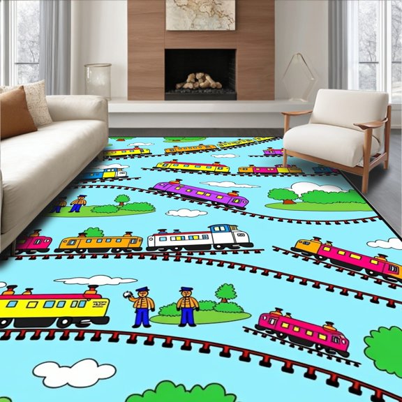 ODIKA 2x3 Machine Washable Non-Slip Area Rug, Vibrant Railway Express Adventure Playmat With Cartoon Locomotives High Traffic Rug, Blue, 600214