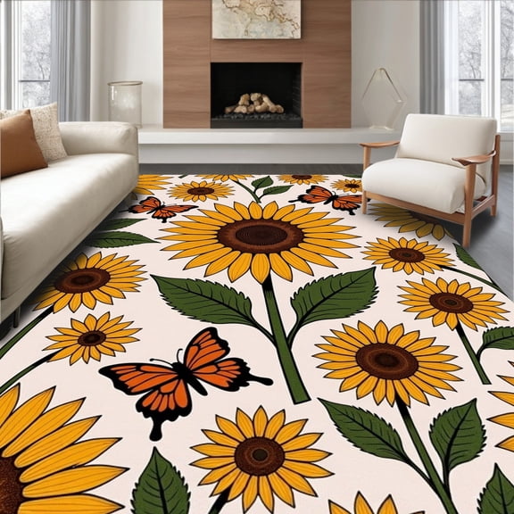 ODIKA 2x3 Machine Washable Non-Slip Area Rug, Vibrant Sunflower With Dancing Butterflies Decorative High Traffic Rug, Yellow, 517258