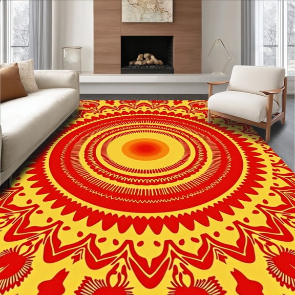 ODIKA 2x3 Machine Washable Non-Slip Area Rug, Vibrant Sunrise Medallion Swirl Tangerine Radial High Traffic Rug, Red, 572005