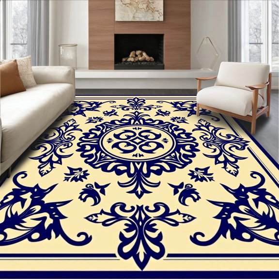 ODIKA 2x3 Machine Washable Non-Slip Area Rug, Victorian Damask Scrolled Large Accent Floor Covering High Traffic Rug, Beige, 550733
