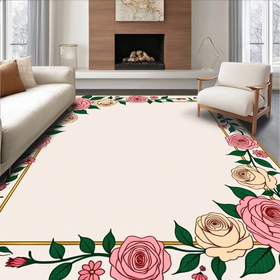 ODIKA 2'x3' Machine Washable Non-Slip Area Rug, Victorian Rose Garden Hook Kit with Floral Border High Traffic Rug with Pad, Pink, 743806