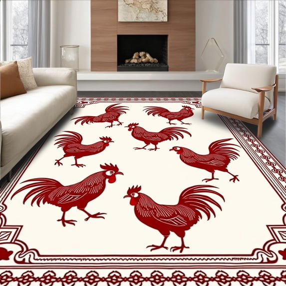 ODIKA 2'x3' Machine Washable Non-Slip Area Rug, Vintage Barnyard Rooster with Folk Art Design High Traffic Rug with Pad, Red, 731829