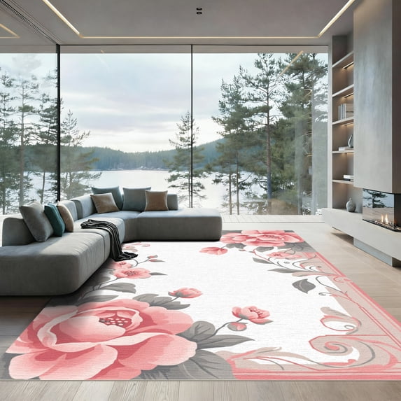 ODIKA 2'x3' Machine Washable Non-Slip Area Rug, Vintage Blush Pink High Traffic Rug with Pad, Pink, 1058479