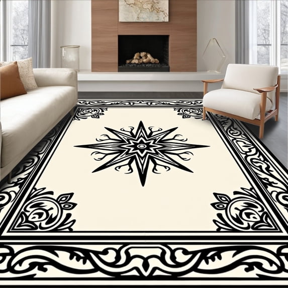 ODIKA 2'x3' Machine Washable Non-Slip Area Rug, Vintage Border with Central Medallion High Traffic Rug with Pad, Black, 665037