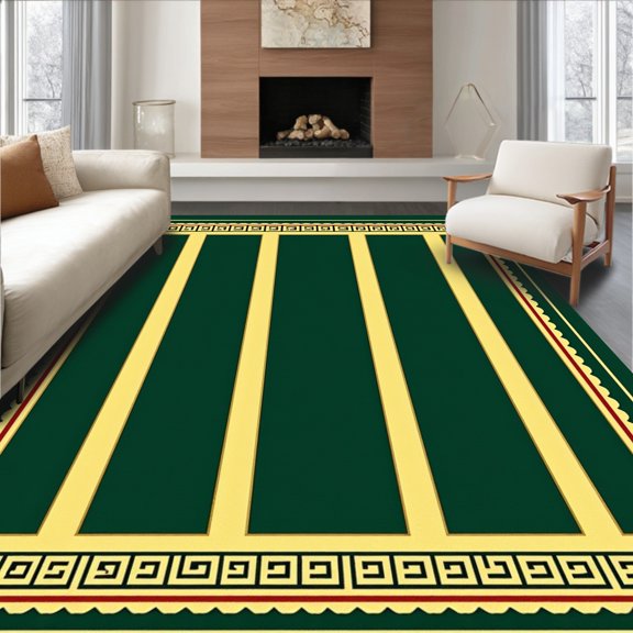 ODIKA 2'x3' Machine Washable Non-Slip Area Rug, Vintage Collegiate Ticket Stripe with Heritage Crest Motif High Traffic Rug, Green, 674284
