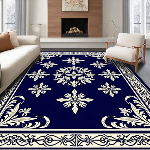 ODIKA 2x3 Machine Washable Non-Slip Area Rug, Vintage Damask Back Classic European Motif High Traffic Rug, Navy, 543874