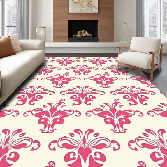 ODIKA 2'x3' Machine Washable Non-Slip Area Rug, Vintage Damask Design with Flourished High Traffic Rug, Pink, 451701