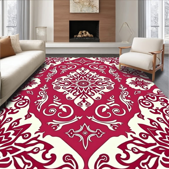 ODIKA 2'x3' Machine Washable Non-Slip Area Rug, Vintage Damask Flourish with Ornate Scroll Work High Traffic Rug, Red, 564415