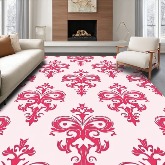 ODIKA 2'x3' Machine Washable Non-Slip Area Rug, Vintage Damask Foldable featuring Ornate Scrollwork High Traffic Rug, Pink, 541281