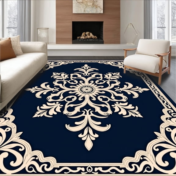 ODIKA 2'x3' Machine Washable Non-Slip Area Rug, Vintage Damask Heritage Treasure High Traffic Rug, Blue, 521190