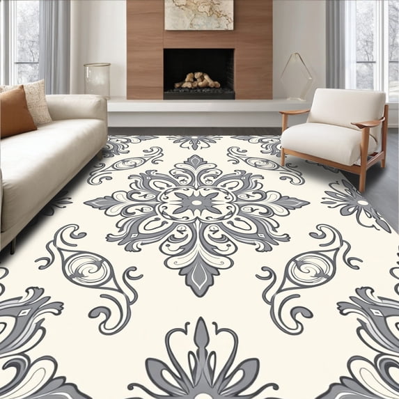 ODIKA 2'x3' Machine Washable Non-Slip Area Rug, Vintage Damask Medallion Print with Intricate Scrollwork Design High Traffic Rug with Pad, Ivory, 524097