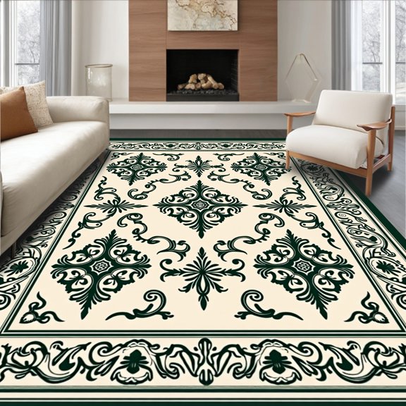 ODIKA 2'x3' Machine Washable Non-Slip Area Rug, Vintage Damask Medallion with Ornamental Flourishes High Traffic Rug, Ivory, 470022
