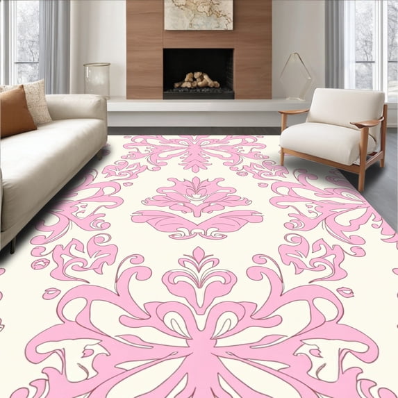 ODIKA 2'x3' Machine Washable Non-Slip Area Rug, Vintage Damask Scrollwork Design with Ornate Victorian High Traffic Rug with Pad, Pink, 568910
