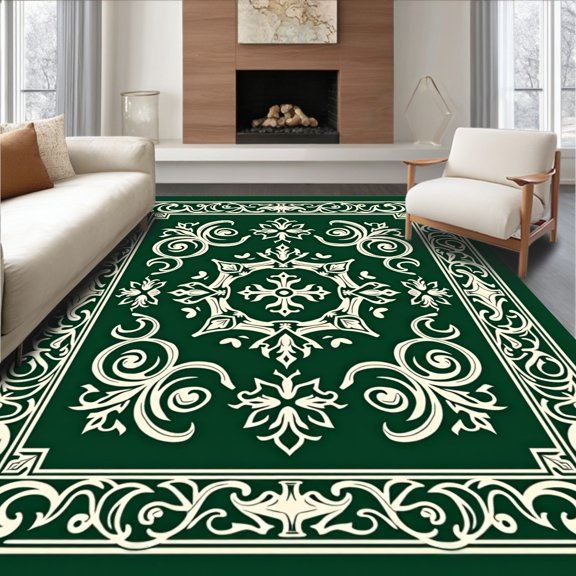ODIKA 2x3 Machine Washable Non-Slip Area Rug, Vintage Damask Scrollwork with Ornate Victorian Filigree Details High Traffic Rug, Green, 525695