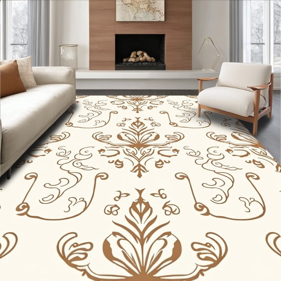 ODIKA 2'x3' Machine Washable Non-Slip Area Rug, Vintage Damask Swirl With Intricate Scrollwork High Traffic Rug, Brown, 373485