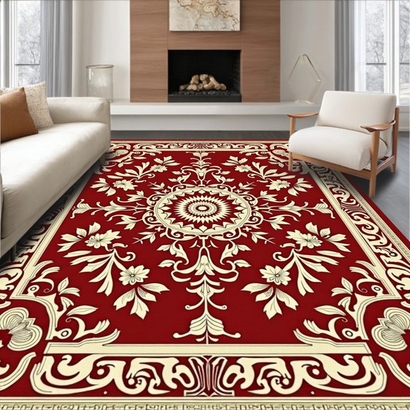 ODIKA 2x3 Machine Washable Non-Slip Area Rug, Vintage Distressed Medallion Classic Heritage High Traffic Rug, Red, 666174