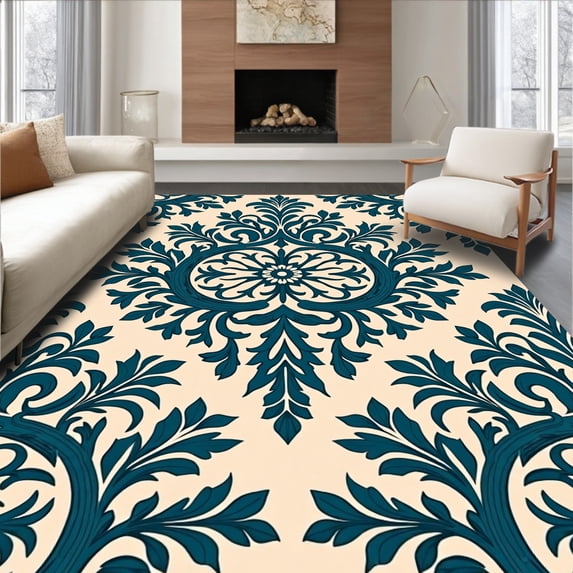 ODIKA 2'x3' Machine Washable Non-Slip Area Rug, Vintage Floral Damask High Traffic Rug with Pad, Beige, 370722