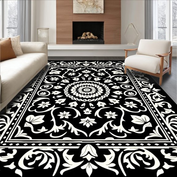 ODIKA 2'x3' Machine Washable Non-Slip Area Rug, Vintage Floral Medallion Botanical Heritage Damask Ornate High Traffic Rug, Black, 582299