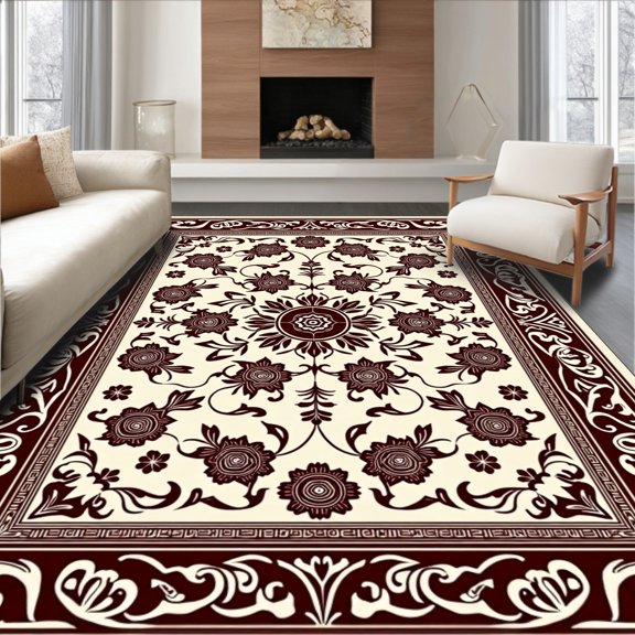 ODIKA 2'x3' Machine Washable Non-Slip Area Rug, Vintage Floral Medallion Design with Ornate Botanical High Traffic Rug, Beige, 592505
