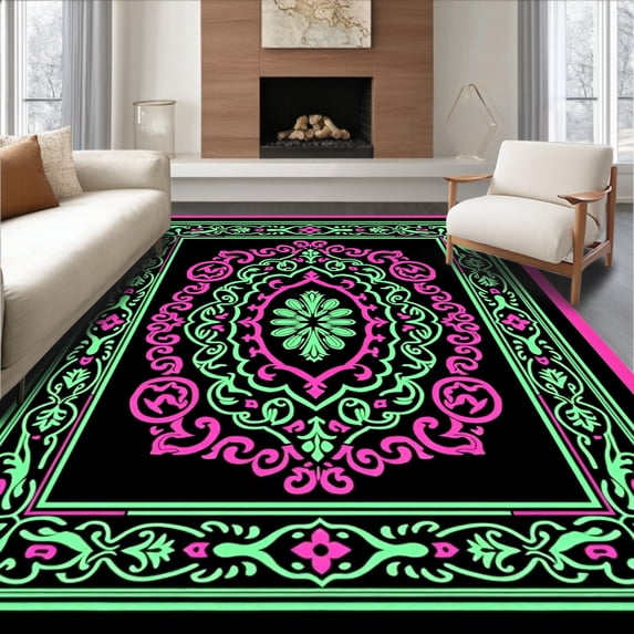 ODIKA 2'x3' Machine Washable Non-Slip Area Rug, Vintage Floral Medallion Heritage Interlocking Ornate Damask High Traffic Rug, Black, 529338