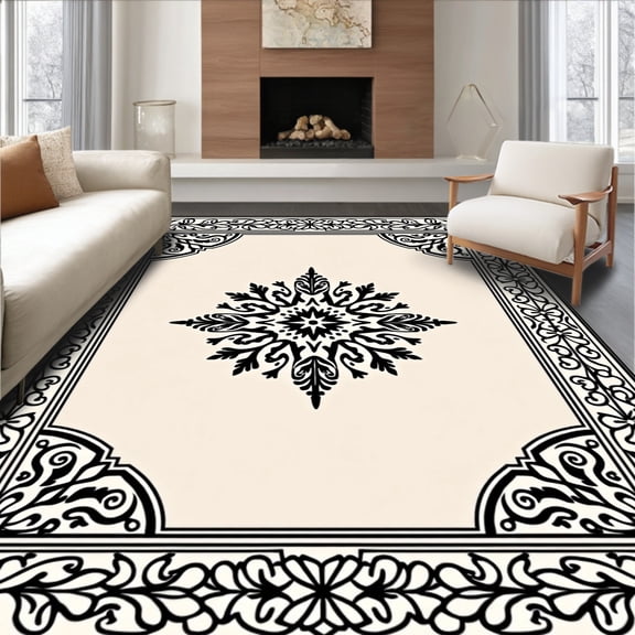 ODIKA 2'x3' Machine Washable Non-Slip Area Rug, Vintage Floral Medallion Heritage Ornate Damask Elegant Motif High Traffic Rug, Black, 582304