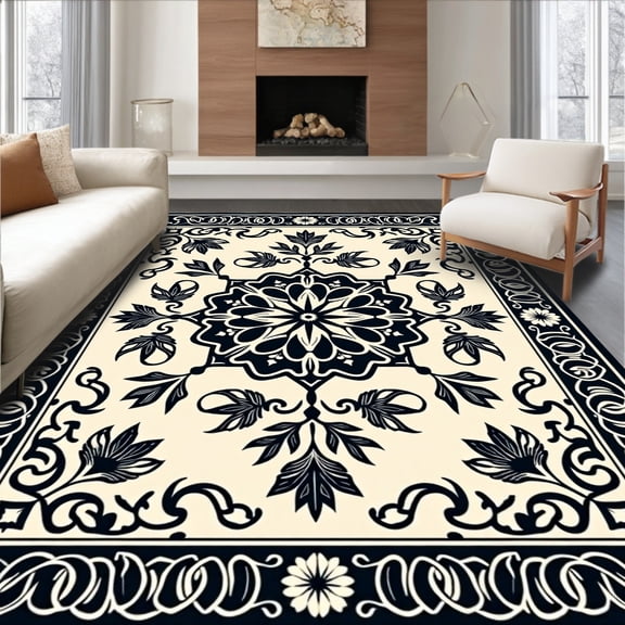 ODIKA 2'x3' Machine Washable Non-Slip Area Rug, Vintage Floral Medallion Oushak Heritage Artisan Handwoven High Traffic Rug, Black, 469810