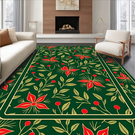 ODIKA 2'x3' Machine Washable Non-Slip Area Rug, Vintage Holly Berries with Mistletoe Seasonal Doormat High Traffic Rug, Green, 651652