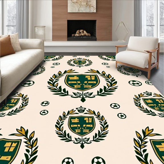 ODIKA 2x3 Machine Washable Non-Slip Area Rug, Vintage Inspired Soccer Crest with Laurel Accents High Traffic Rug, Ivory, 676780