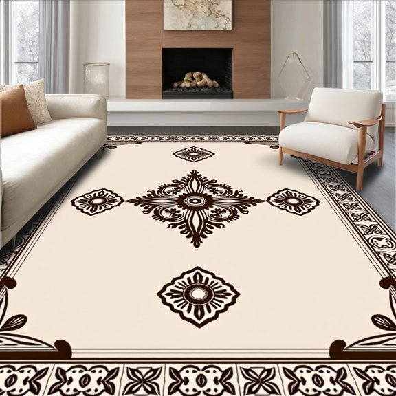 ODIKA 2x3 Machine Washable Non-Slip Area Rug, Vintage Medallion Machine Boho Ornate Central Motif High Traffic Rug, Beige, 483216