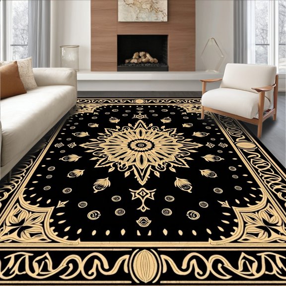 ODIKA 2x3 Machine Washable Non-Slip Area Rug, Vintage Medallion Tapestry Style with Classic Inspired Art High Traffic Rug, Black, 594072