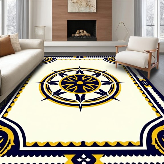 ODIKA 2x3 Machine Washable Non-Slip Area Rug, Vintage Nautical Compass Rose with Anchored Maritime Flourishes High Traffic Rug, Blue, 618250