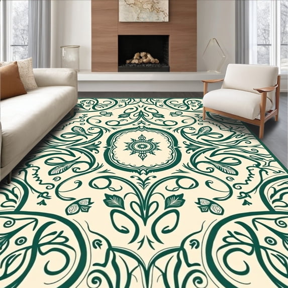 ODIKA 2'x3' Machine Washable Non-Slip Area Rug, Vintage Paisley Swirl Textured Floor Covering with Ornate Motifs High Traffic Rug with Pad, Ivory, 528579