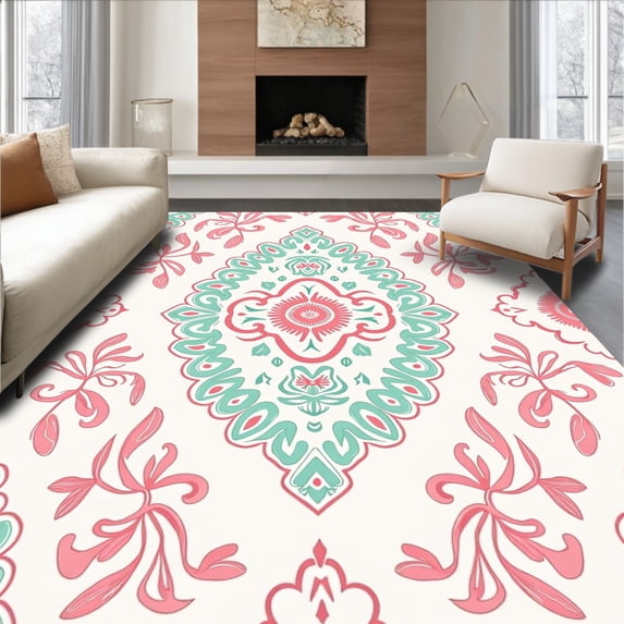 ODIKA 2'x3' Machine Washable Non-Slip Area Rug, Vintage Paisley Swirl with Delicate Botanical High Traffic Rug with Pad, Pink, 577321